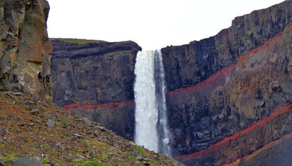 Power and magic of powerful Iceland Hengifoss Waterfall Cascade near Seydisfjordur