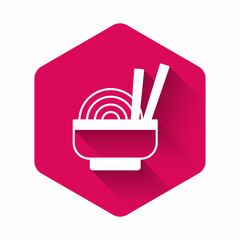White Asian noodles in bowl and chopsticks icon isolated with long shadow background. Street fast food. Korean, Japanese, Chinese food. Pink hexagon button. Vector