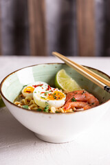 Asian ramen soup with shrimps
