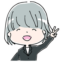 笑顔でピースサインをするブレザー姿の女性の上半身