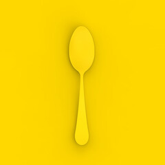 Spoon is yellow on yellow background. Square image. 3D image. 3D rendering.