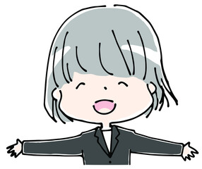 両手を広げた笑顔の女性の上半身