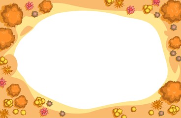 Frame Autumn landscape top view. Scene with yellow and orange trees and bushes from height. Above countryside. Isolated on white background. Cartoon style illustration. Vector