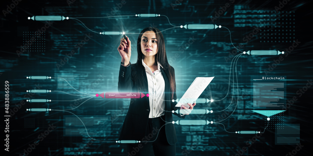 Aufkleber Attractive young caucasian woman using abstract glowing big data blockchain interface on dark background. Cryptocurrency, finance, big data and information concept. Double exposure.