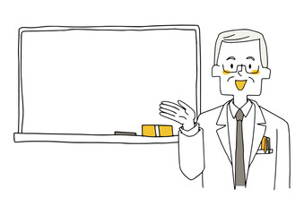 ホワイトボードを指しながら説明している高齢のお医者さん　コミカルな手書きの人物　ベクター、線画にシン