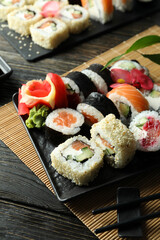 Concept of tasty food with sushi rolls, close up