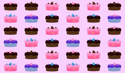 Set of chocolate cakes, pink cake with decorations, blue cake for parties, birthday cake, vector set of cakes, illustrator 10
