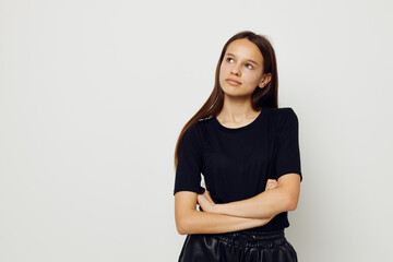 Obraz premium athletic woman in a black t-shirt hand gesture fun isolated background