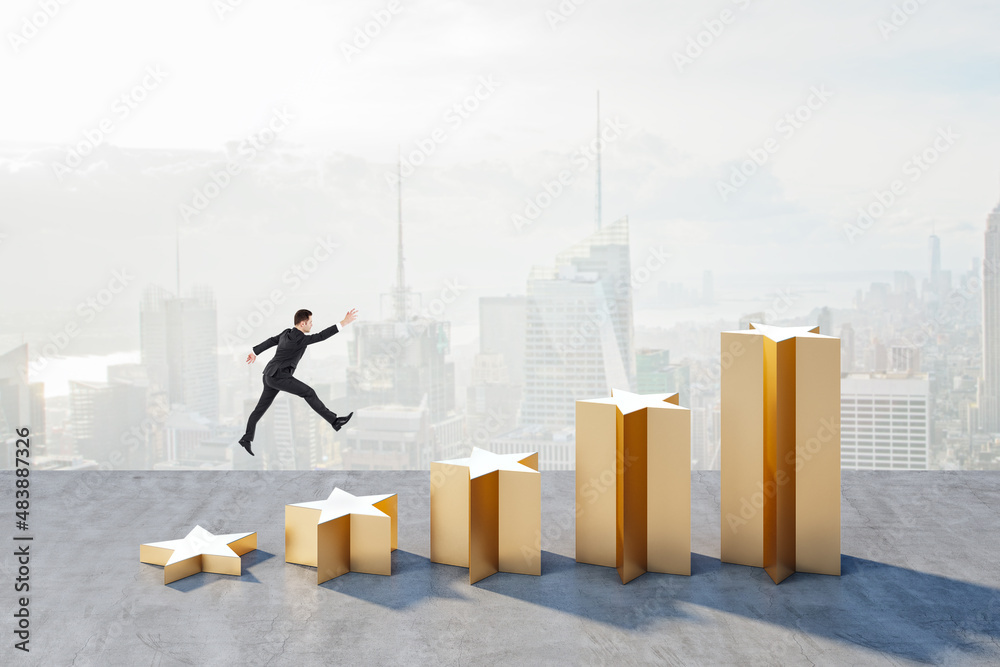 Poster businessman on abstract golden 5 star rating on light city background with mock up place. customer r