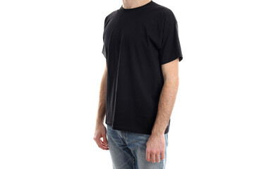 Man in blank black t-shirt isolated on white background