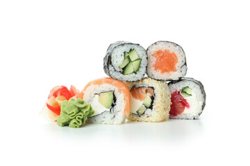 Group of rolls and maki isolated on white background