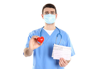 Nurse man holds heart, isolated on white background