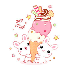 Cute yummy card in kawaii style. Two lovely little white bunnies with ice cream. Inscription Just for you. A gift from friends. Vector illustration EPS8