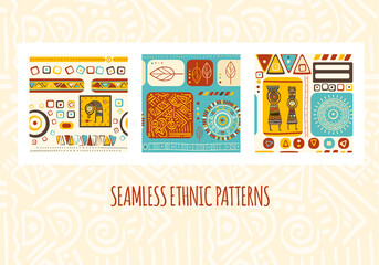 Set of seamless patterns with tribal ornaments of red, yellow, blue and brown colors