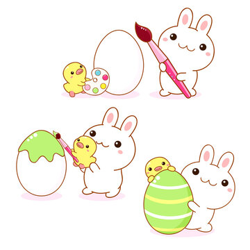 Easter set with bunny and chicken friends. Cute little rabbit and a chick paint Easter egg. Holiday collection of patch Kids, stickers with kawaii characters. Vector illustration EPS8