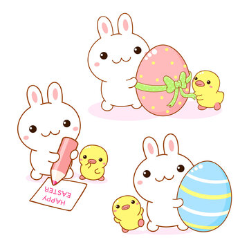 Easter set with bunny and chicken friends. Cute little rabbit and a chick with Easter egg. Holiday collection of patch Kids, stickers with kawaii characters. Vector illustration EPS8