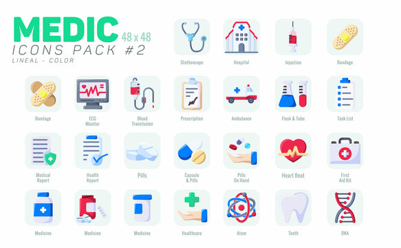 25 Flat Medic Icons Pack #2, Vector Medical Icons Set Color Style