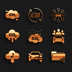 Set CO2 emissions in cloud, Car sharing, Share folder, , Cloud download music and icon. Vector