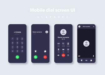 Smartphone user interface concept template. Design of dialing, call, video call, keyboard for typing messages on phone display.