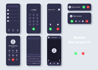 Smartphone user interface dark theme concept template. Design of contacts, dialer, call, video call, keyboard for typing messages on phone display.