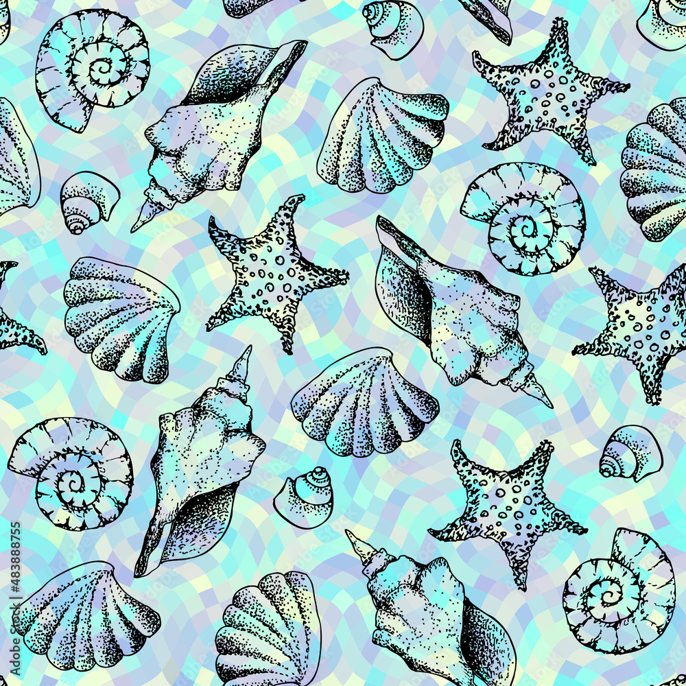 Poster blue waves pattern and hand draw in marine style.