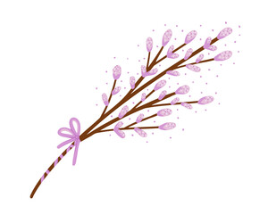 Obraz premium Pussy willow branch. Easter bouquet, blossom pussy willow tree. Vector Illustration for backgrounds, packaging, greeting cards, posters, textile and seasonal design. Isolated on white background.