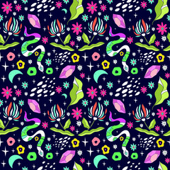 Naklejka premium A magical vector pattern with the sun, crystals, magical animals, flowers, and the moon. Suitable for printing, banners, web elements