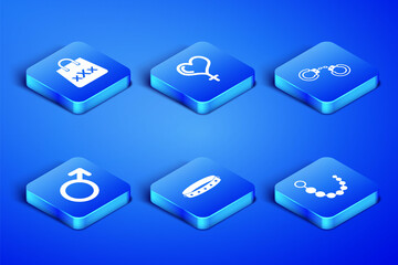 Set Anal beads, Shopping bag with triple X, Leather fetish collar, Male gender symbol, Female and heart and Sexy fluffy handcuffs icon. Vector