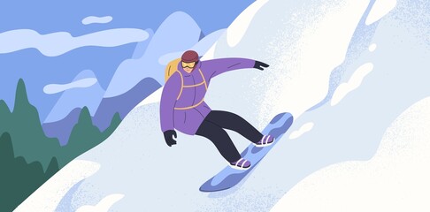 Snowboard rider sliding down slope at mountain resort. Person riding snow board in Alps on winter holidays. Snowboarder and snowy landscape. Extreme sports activity. Flat vector illustration