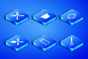 Set Kitchen whisk, Crossed fork, Salt and pepper, spoon, Cooking pot and soup icon. Vector