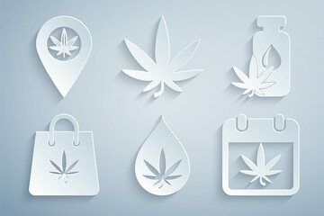 Set Marijuana or cannabis leaf oil, Shopping bag of marijuana, Calendar and, and Location icon. Vector