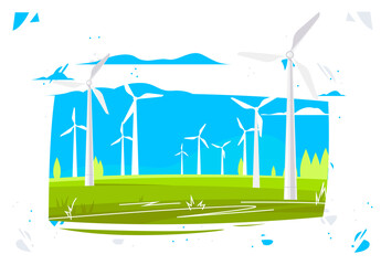 vector illustration of wind turbines on green fields, green energy
