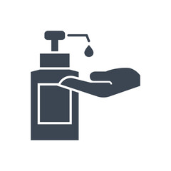 Hand sanitizer related vector glyph icon. Sanitizer dripping from bottle on palm. Hand sanitizer sign. Isolated on white background. Editable vector illustration