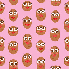 Potato with eyes and lips, girls, women, seamless pattern of potato on a pink background. Vector Illustration for backgrounds, covers, packaging, greeting cards, posters, textile and seasonal design.