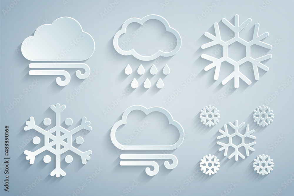 Sticker set windy weather, snowflake, cloud with rain and icon. vector