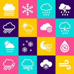 Obraz premium Set Wind, Water drop percentage, Cloud with rain and lightning, snow sun and icon. Vector