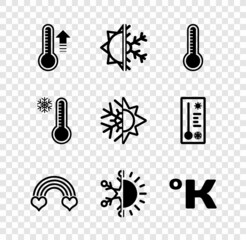 Set Meteorology thermometer, Sun and snowflake, Rainbow with heart, Kelvin, and icon. Vector