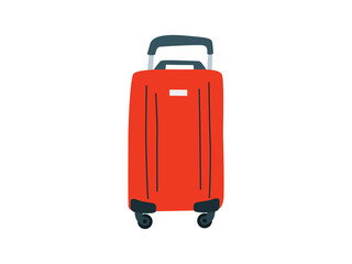 Large polycarbonate suitcase with wheels. Red luggage. Flat design of travel and holidays concept. 
Vector illustration