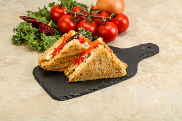 Club sandwich with eggplant and cheese