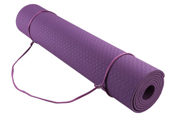 yogamat, purple mat in a roll for yoga or for fitness, on a white background
