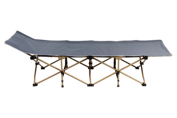 light folding bed for camping and travel, with gray fabric, laid out and standing in a horizontal position