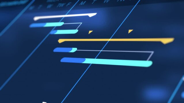 project management software, futuristic interface animation, gantt chart, concept of project planning, flashing lights on backgrounds (3d render)