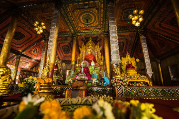 Phayao, Thailand - January, 09, 2022 : Myanmar Buddha Statue in Church of Wat Nantaram or Nantaram Temple at Phayao Thailand.
