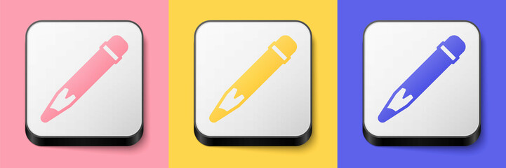 Isometric Pencil with eraser icon isolated on pink, yellow and blue background. Drawing and educational tools. School office symbol. Square button. Vector