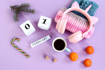 Fototapeta na wymiar Calendar for February 1: the name of the month February in English, the numbers 01, a warm hat, headphones, a cup of coffee, sugar cubes, fruits and candies, pastel background, top view