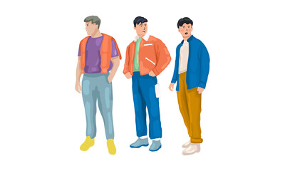 Some guy using colourful outfit in orange, blue, purple poses so modern and good looking