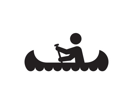 recommend clip art: Vector black silhouette of a character riding a canoe. Isolated on white background.
