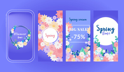 Spring Time. Big sale. Beautiful and colorful background with flowers, leaves, plants. Illustration for banner stories, phone mockup, social media post, web site and flyers