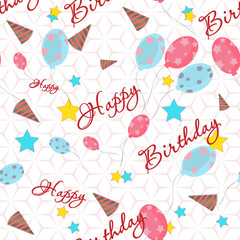 Happy Birthday seamless pattern  with balloons and stars. Vector illustration. Design wallpaper, fabrics, postal packaging.