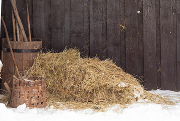 Interior of rustic tool storage. Pitchforks, hay, grayauli and other equipment are stored in a shed against the wall outside. In the foreground is snow. Place for inscription
